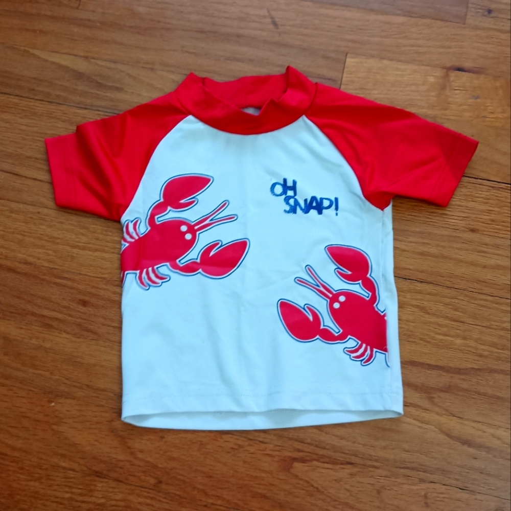 3/$10 🌟 Boys Kids 3T Mick Mack Red & White Lobster Swim Shirt Rash Guard Top